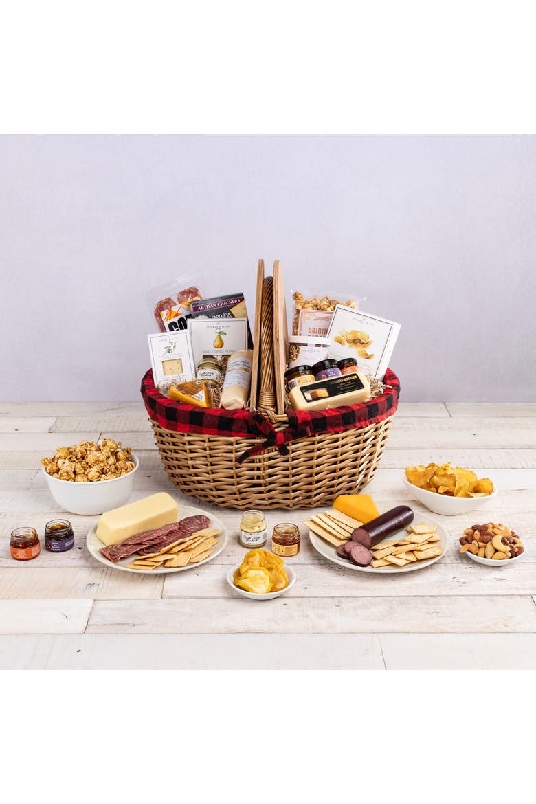 Country Basket with Gourmet Gift Pack, Alternate, color, Red & Black Buffalo Plaid
