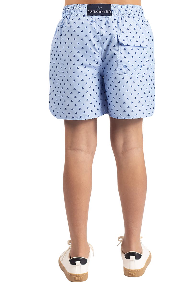 TailorByrd Kids' Shark Fins Print Swim Trunks, Alternate, color, Blue