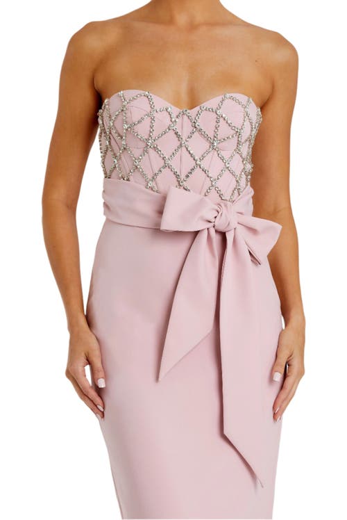 Mac Duggal Strapless Crepe Embellished Bustier Gown With Bow In Rose