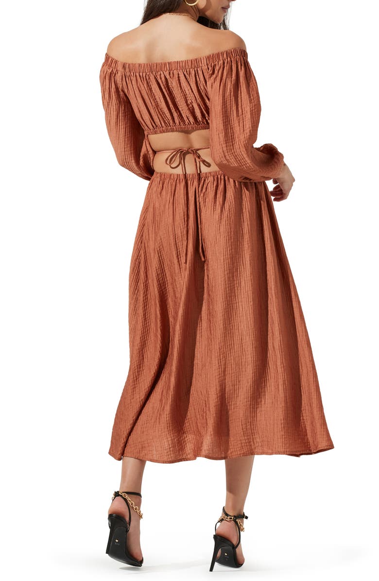 ASTR the Label Cassian Off the Shoulder Long Sleeve Midi Dress, Alternate, color, Warm Brown