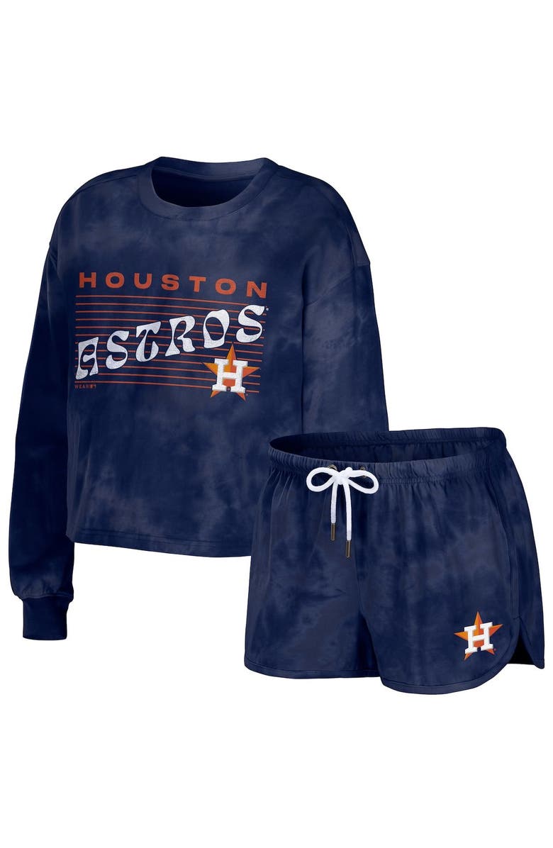 WEAR by Erin Andrews Women's WEAR by Erin Andrews Navy Houston Astros Tie-Dye Cropped Pullover Sweatshirt & Shorts Lounge Set, Main, color, 