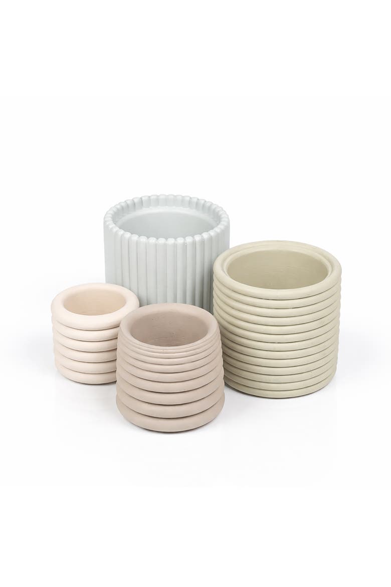 Silas Modern Minimalist Handmade Concrete Fluted Sculptural Cylinder Planter Set with Drainage Holes, Main, color, Powder Blue