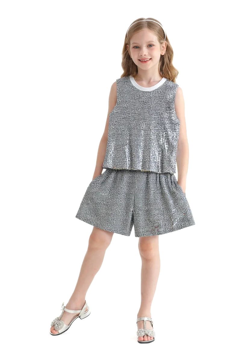 Sequin Sleeveless Shorts Set, Alternate, color, Silver