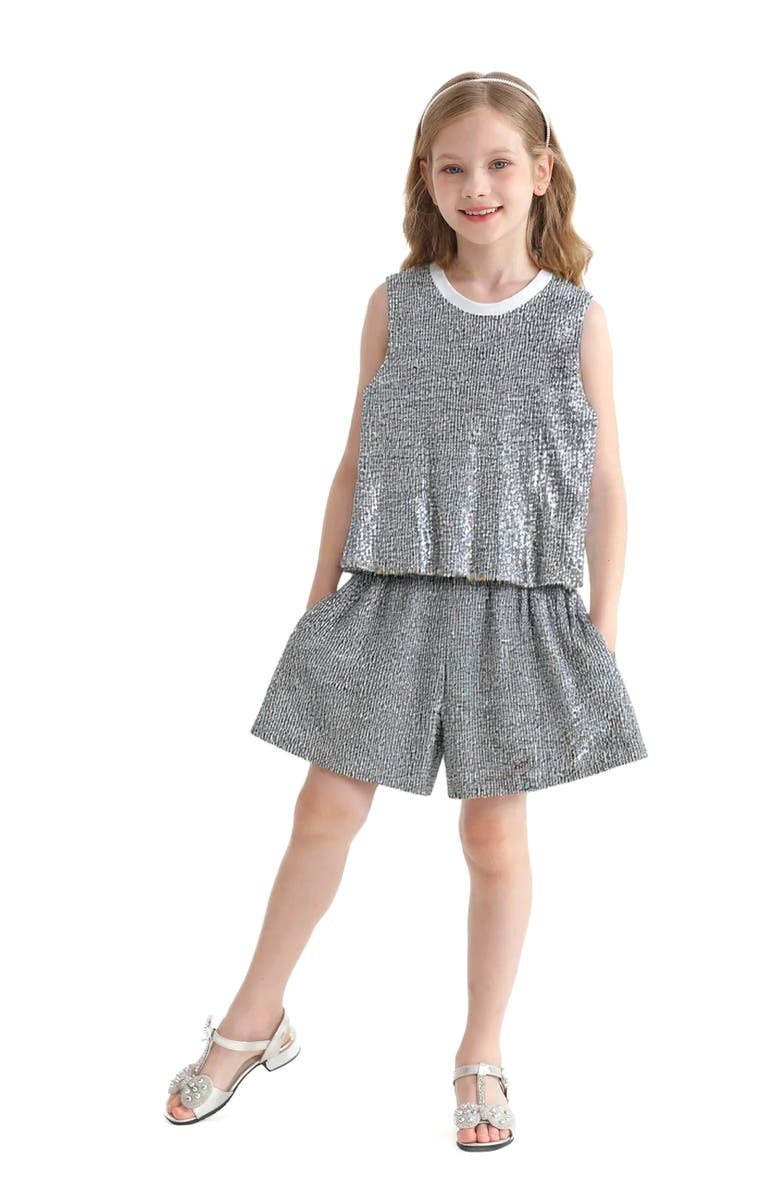 Tulleen Sequin Sleeveless Shorts Set, Alternate, color, Silver
