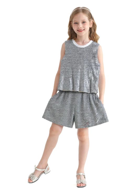 Tulleen Sequin Sleeveless Shorts Set In Gray