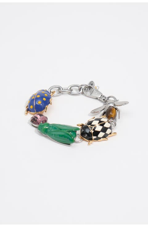 Bracelet with Enamel Beetles and Silver Bee