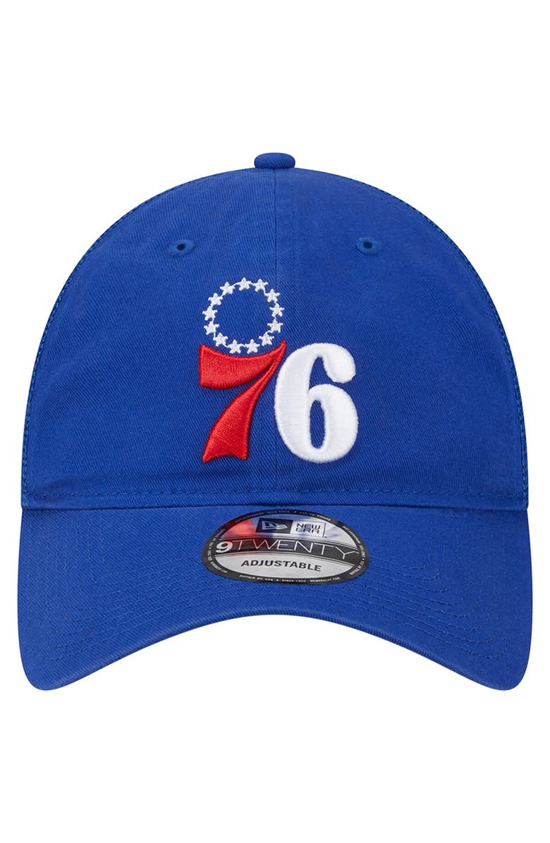 New Era Men's New Era Royal Philadelphia 76ers Distinct Side Patch Trucker 9TWENTY Adjustable Hat, Alternate, color, Royal
