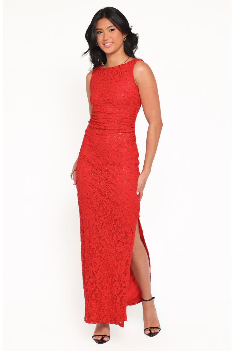 Ruben Sequin Lace Ruched Maxi Dress, Alternate, color, RED