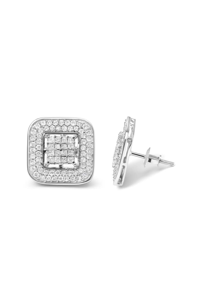 10K White Gold 1.0 Cttw Round and Princess Diamond Composite Halo Stud Earrings, Alternate, color, White