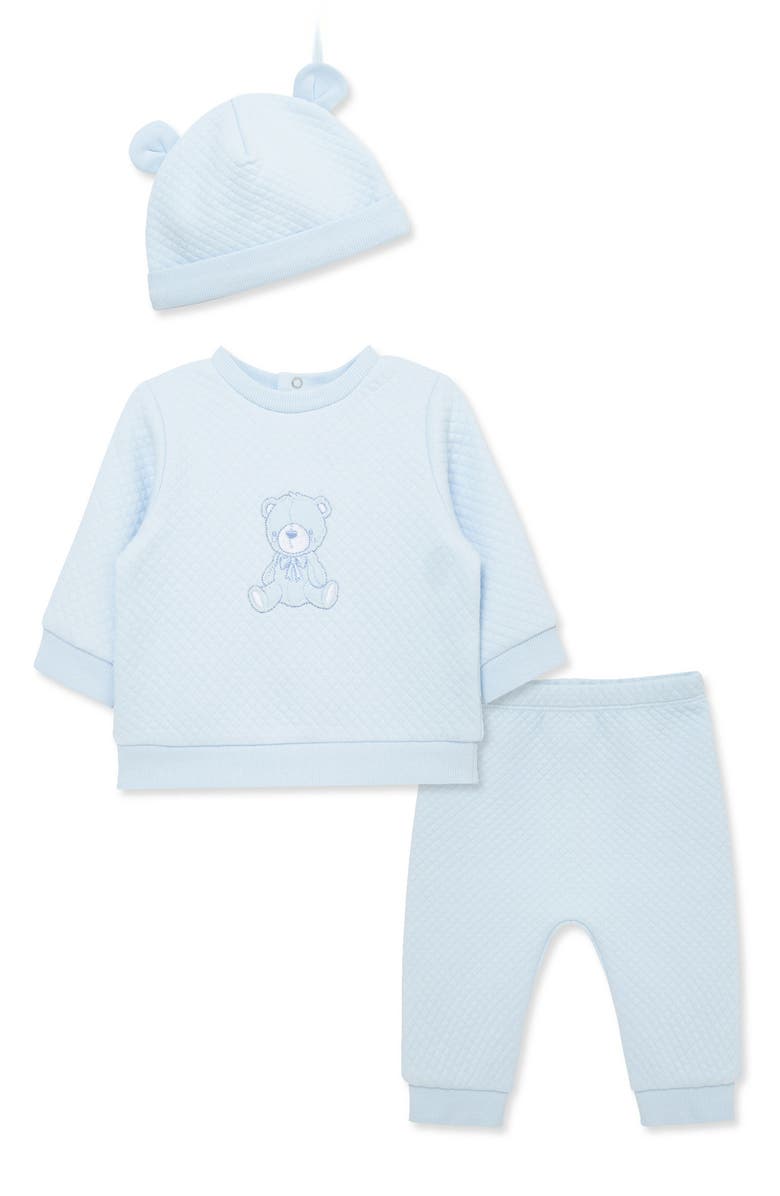 Little Me Bear Quilt Hat, Pullover & Pants Set, Main, color, Blue