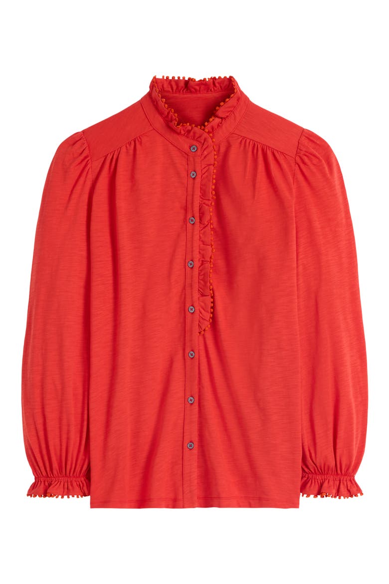 Emily Pom Detail Ruffle Button-Up Shirt, Alternate, color, AURORA RED