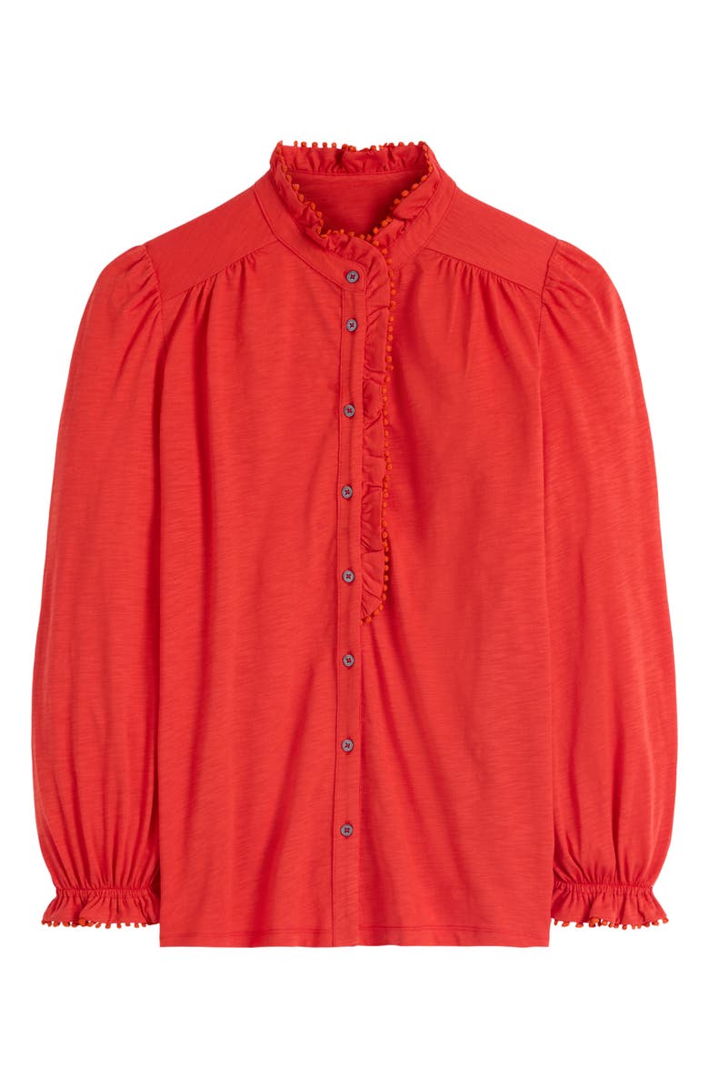 Boden Emily Pom Detail Ruffle Button-Up Shirt, Alternate, color, Aurora Red