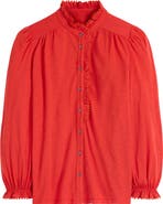 Boden Emily Pom Detail Ruffle Button-Up Shirt