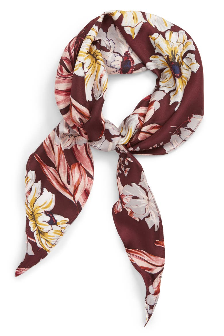 Floral Print Silk Kite Scarf, Alternate, color, BURGUNDY DARK FLORAL