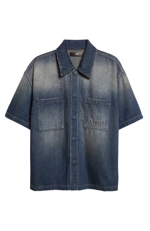 3D Logo Short Sleeve Snap-Up Denim Shirt