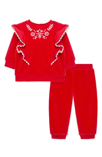 LITTLE ME LITTLE ME EMBROIDERED RUFFLE VELOUR TOP & JOGGERS SET