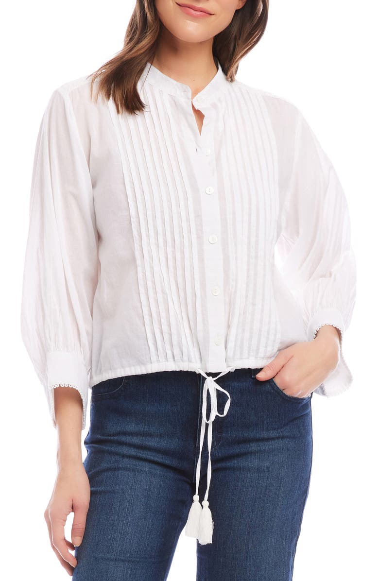 Karen Kane Pintuck Pleat Cotton Button-Up Top, Main, color, Off White