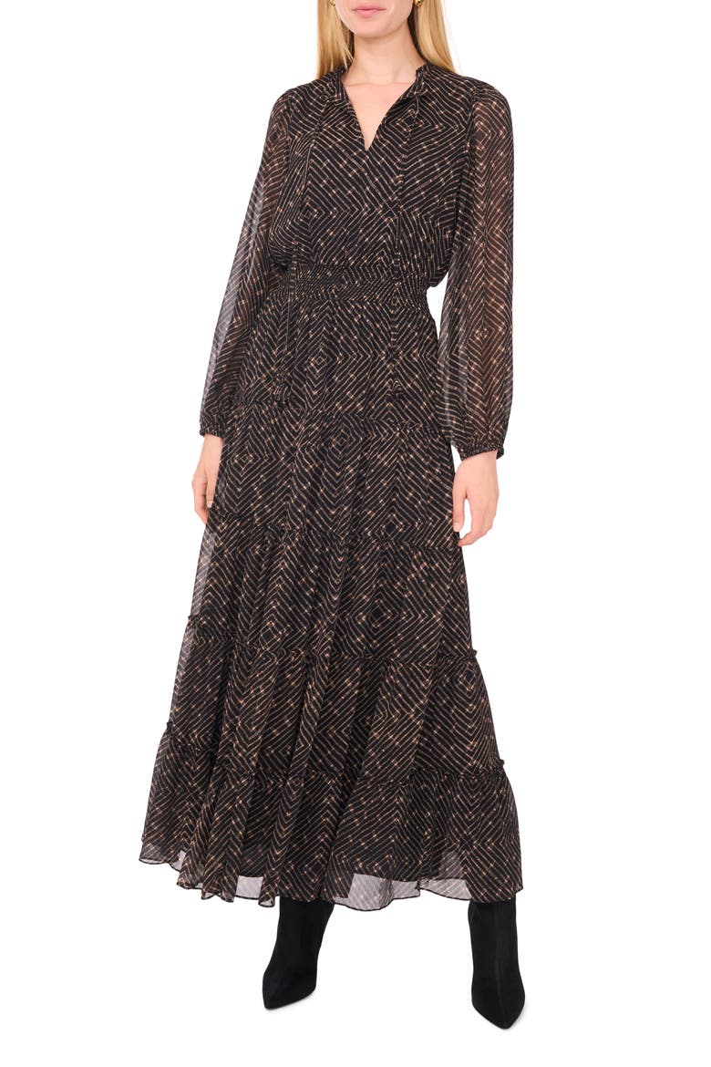 Metallic Chevron Tiered Long Sleeve Maxi Dress, Main, color, RICH BLACK