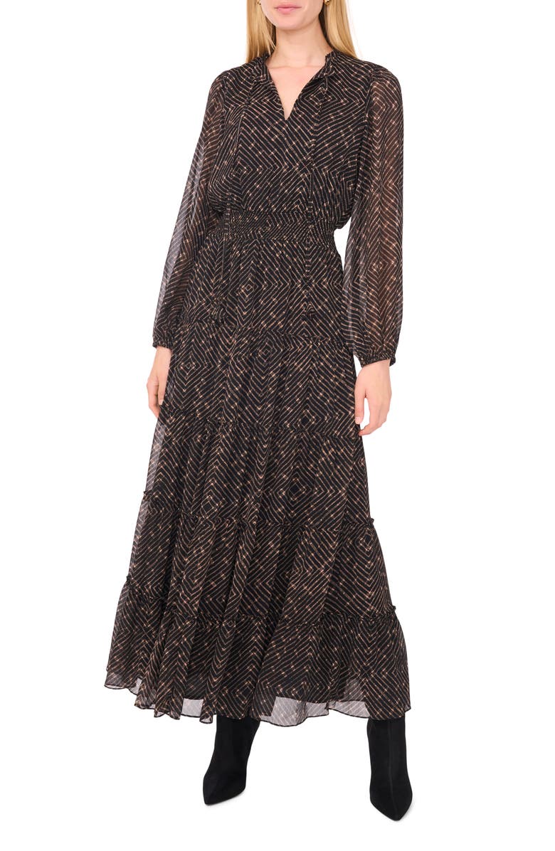 1.STATE Metallic Chevron Tiered Long Sleeve Maxi Dress, Main, color, 