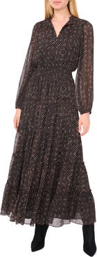 1.STATE Metallic Chevron Tiered Long Sleeve Maxi Dress