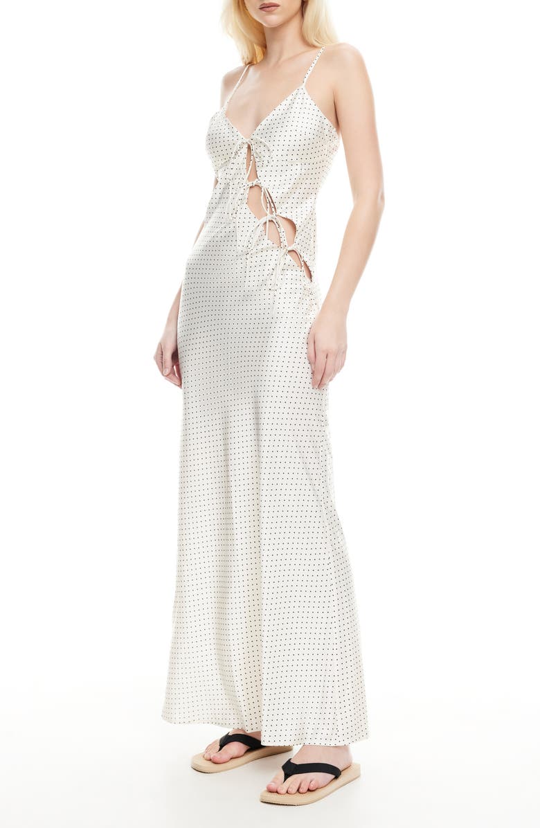 LIONESS About Polka Dot Cutotut Tie Detail Satin Slipdress, Alternate, color, Porcelain Polka
