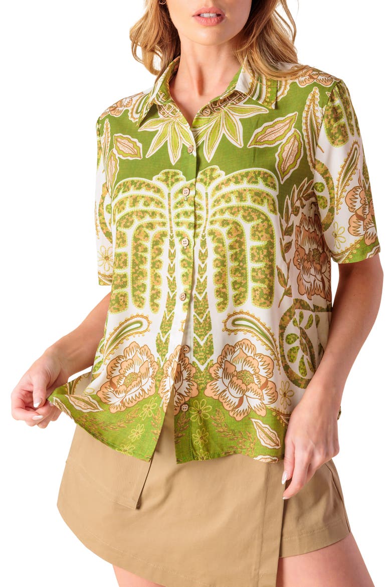 Floral Paisley Short Sleeve Button-Up Shirt, Main, color, IVORY/ GREEN