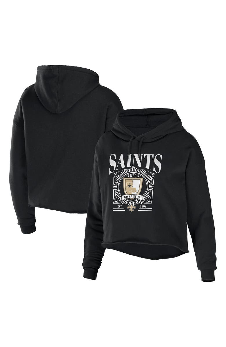 WEAR by Erin Andrews Women's WEAR by Erin Andrews Black New Orleans Saints Cropped Sponge Fleece Pullover Hoodie, Alternate, color, Black