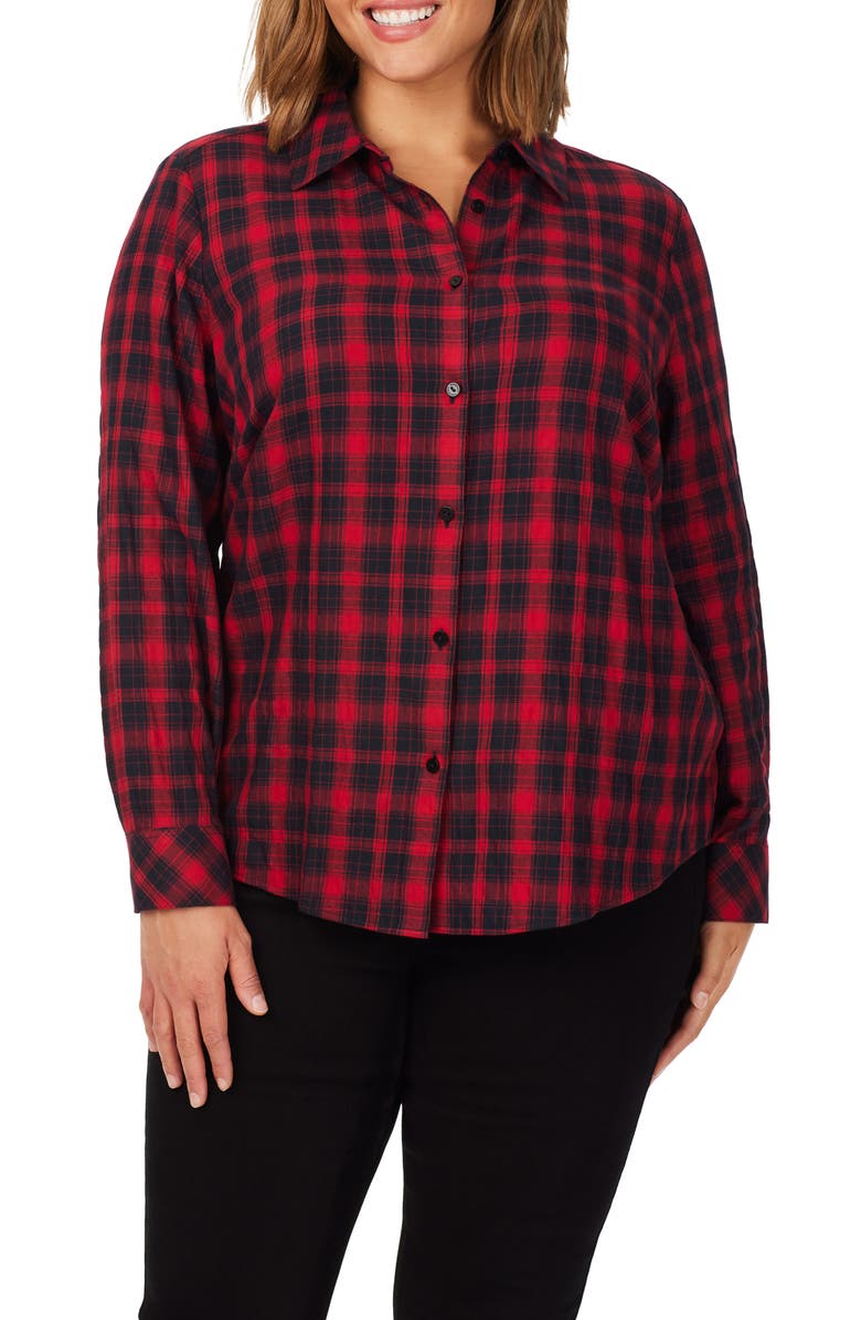 Foxcroft Rhea Scotch Plaid Cotton Blend Button-Up Shirt, Main, color,