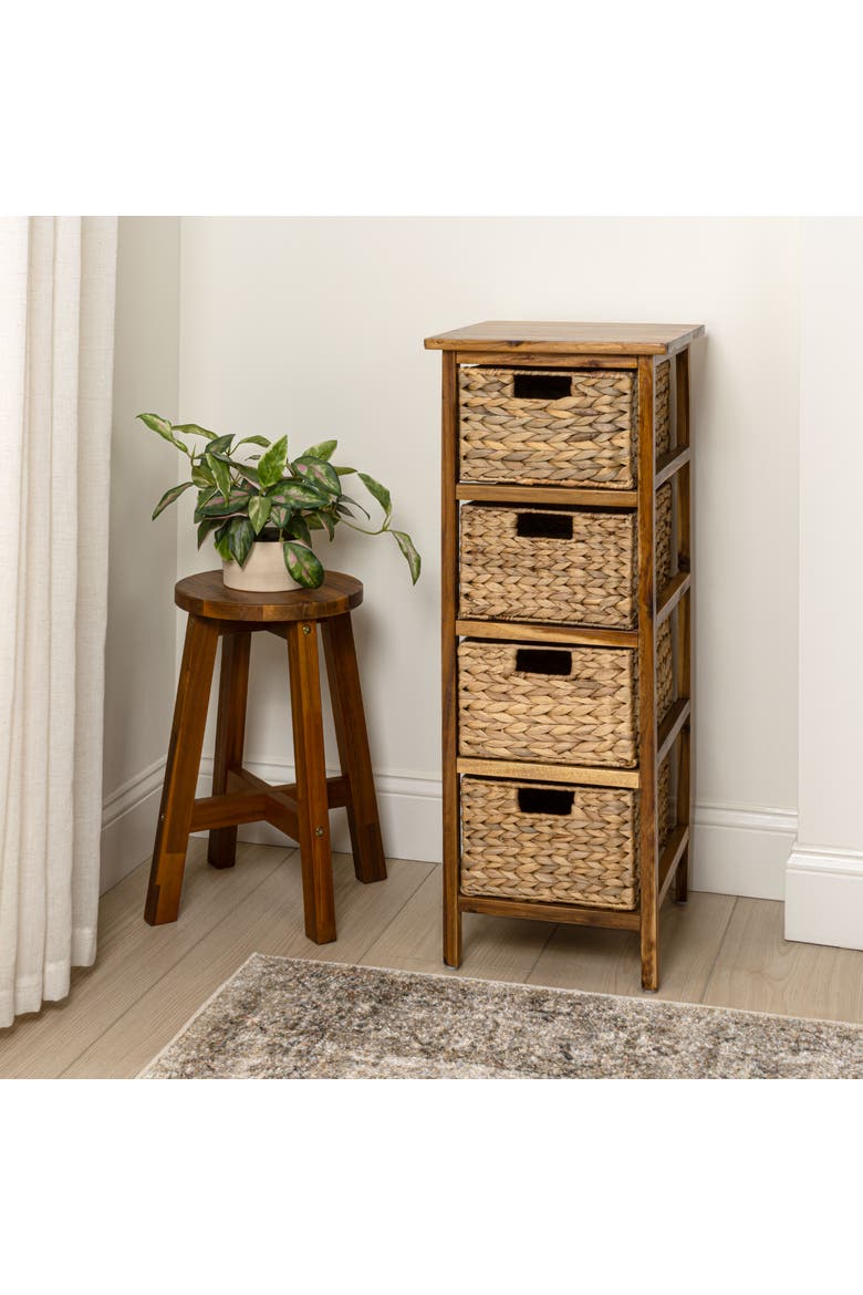 Cohen Coastal Bohemian Handcrafted Acacia Wood 4-Tier Storage Cabinet with 4 Water Hyacinth Woven Baskets, Alternate, color, Natural