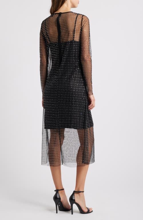 Halogen ® Crystal Detail Long Sleeve Mesh Overlay Midi Dress In Rich Black