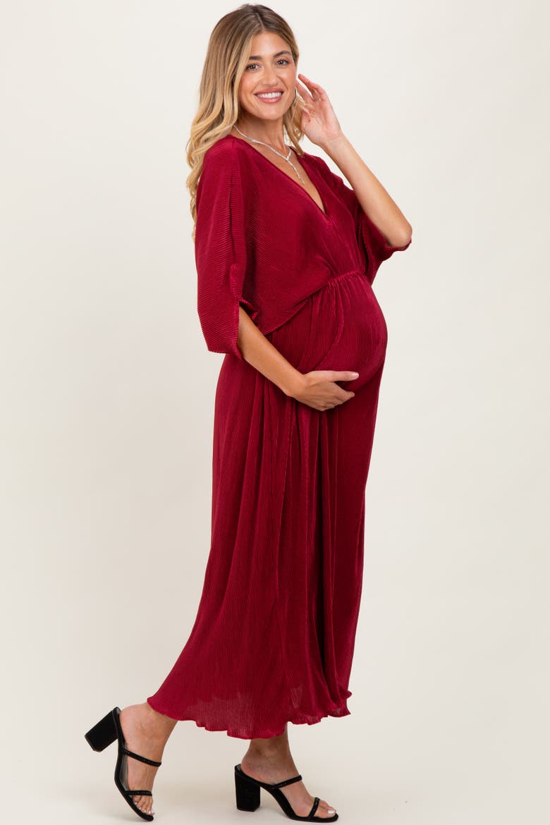 Pleated Satin Dolman Sleeve Maxi Dress, Alternate, color, Burgundy