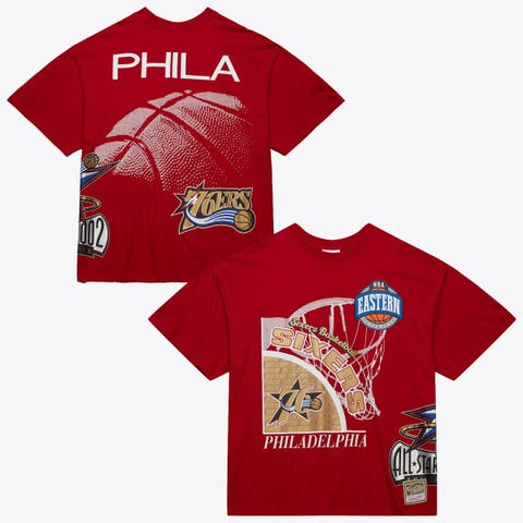 Men's Mitchell & Ness Red Philadelphia 76ers Hardwood Classics Logo Blast T-Shirt