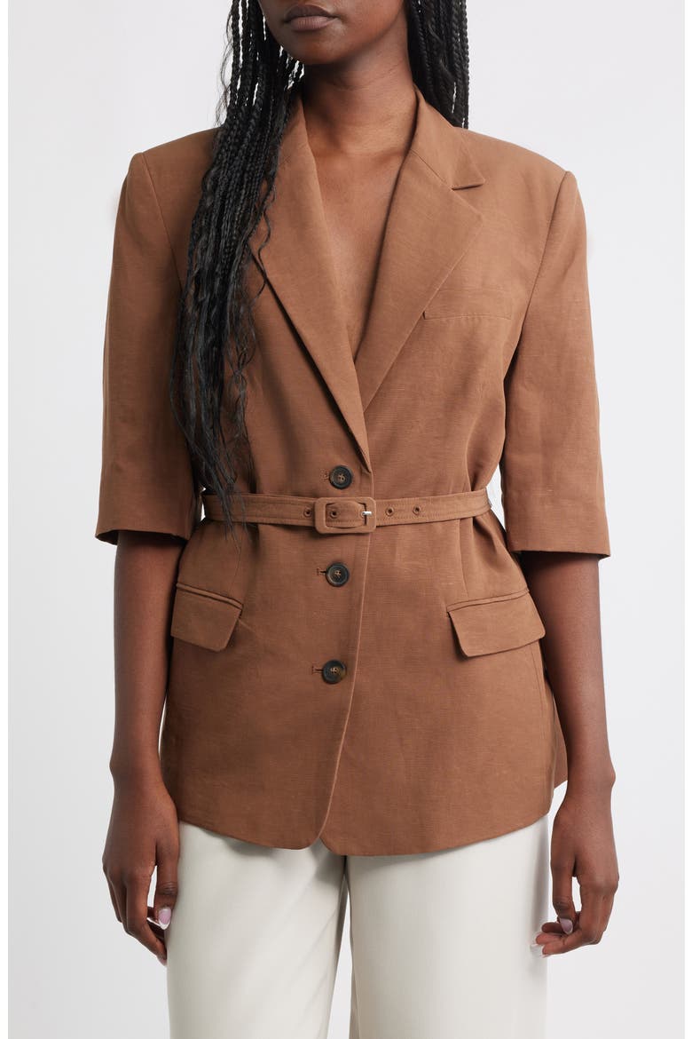 Argelia Short Sleeve Belted Blazer, Main, color, CHOCOLATE
