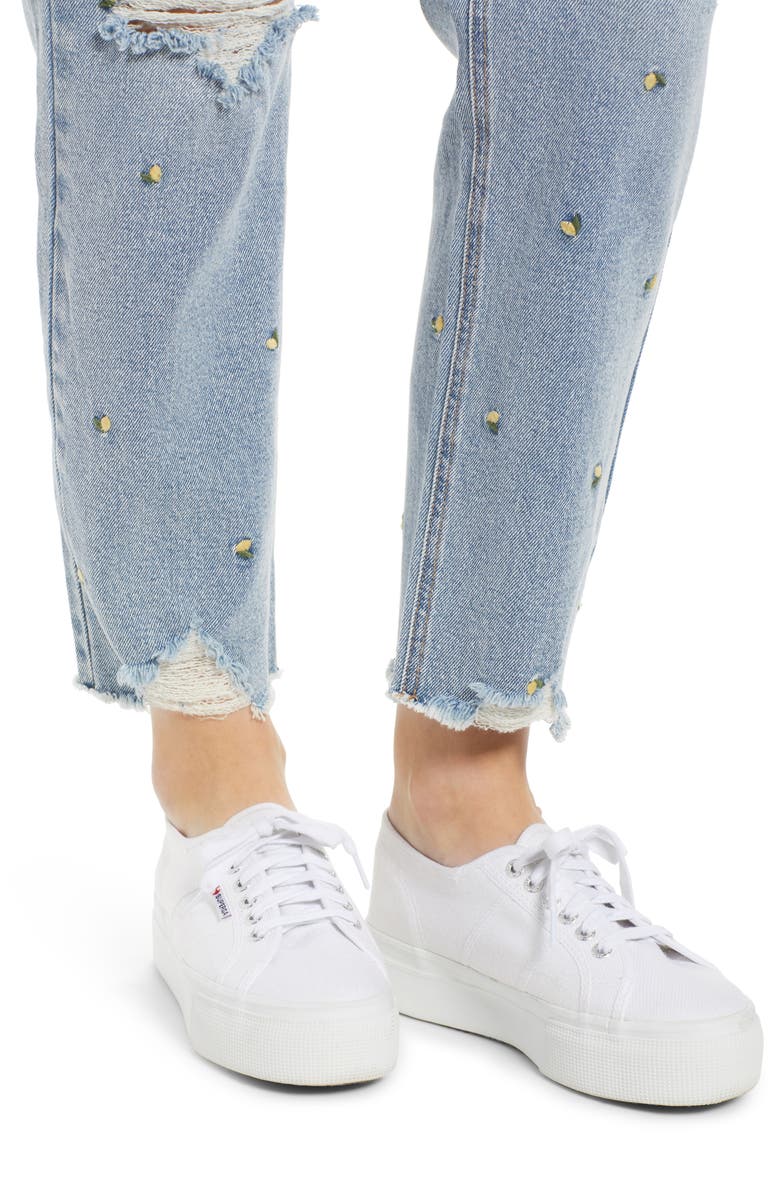 Tinsel Embroidered Ripped Mom Jeans, Alternate, color, 