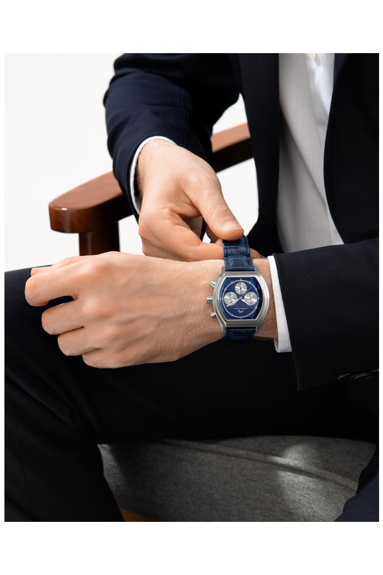 Roman Chronograph Croc Embossed Leather Strap Watch, 42mm, Alternate, color, BLUE