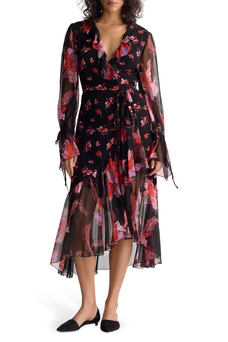 Thena Ruffle Wrap Dress, Main, color, IRIS FALLS MINI/ MID BLACK