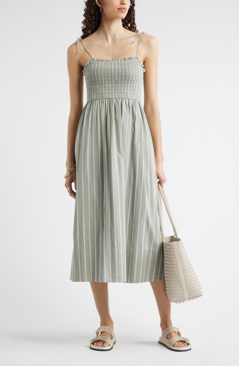 Nordstrom Smocked Sleeveless Flare Midi Dress, Alternate, color, Green- Ivory Sadie Stripe
