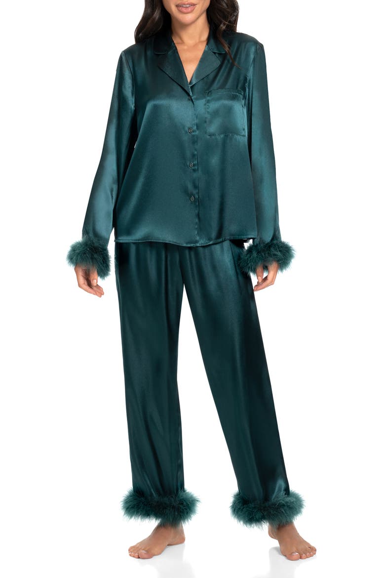 Rory Feather Trim Satin Pajamas, Main, color, PINE