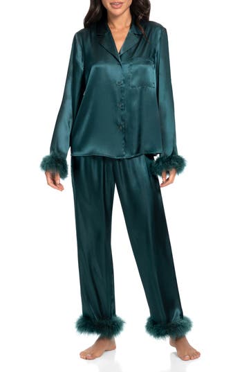 In Bloom By Jonquil Rory Feather Trim Satin Pajamas In Green