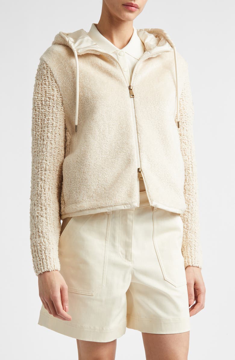 Moncler Hooded Mixed Media Cardigan, Main, color, Ivory/ White