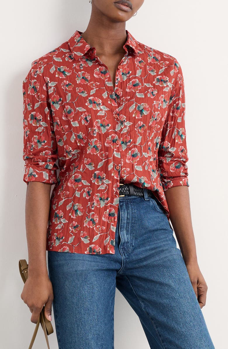 Seasalt Cornwall Larissa Printed Organic Cotton Button-Up Shirt, Main, color, Artist Camellia Red Sail