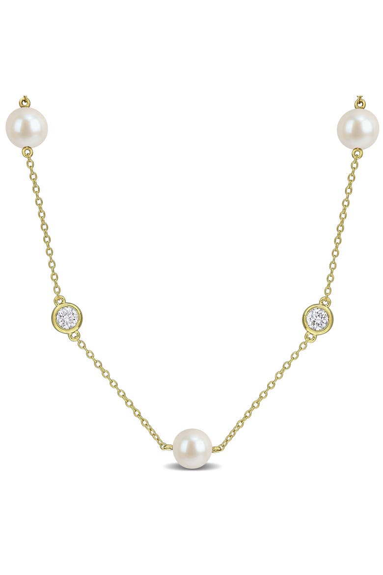 Cultured Pearl & Lab-Grown Diamond Station Necklace, Main, color, Yellow-Plated