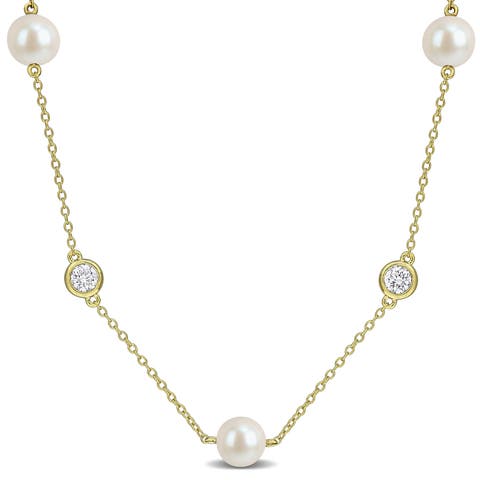 Cultured Pearl & Lab-Grown Diamond Station Necklace