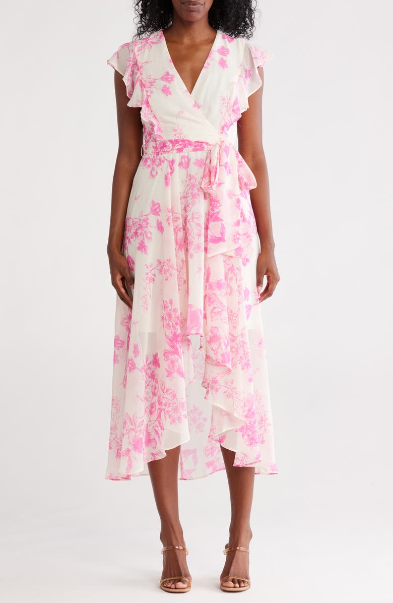 Eliza J Flutter Sleeve Faux Wrap Midi Dress, Main, color, Pink