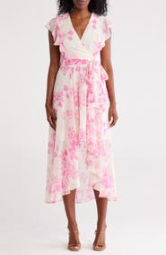 Eliza J Flutter Sleeve Faux Wrap Midi Dress