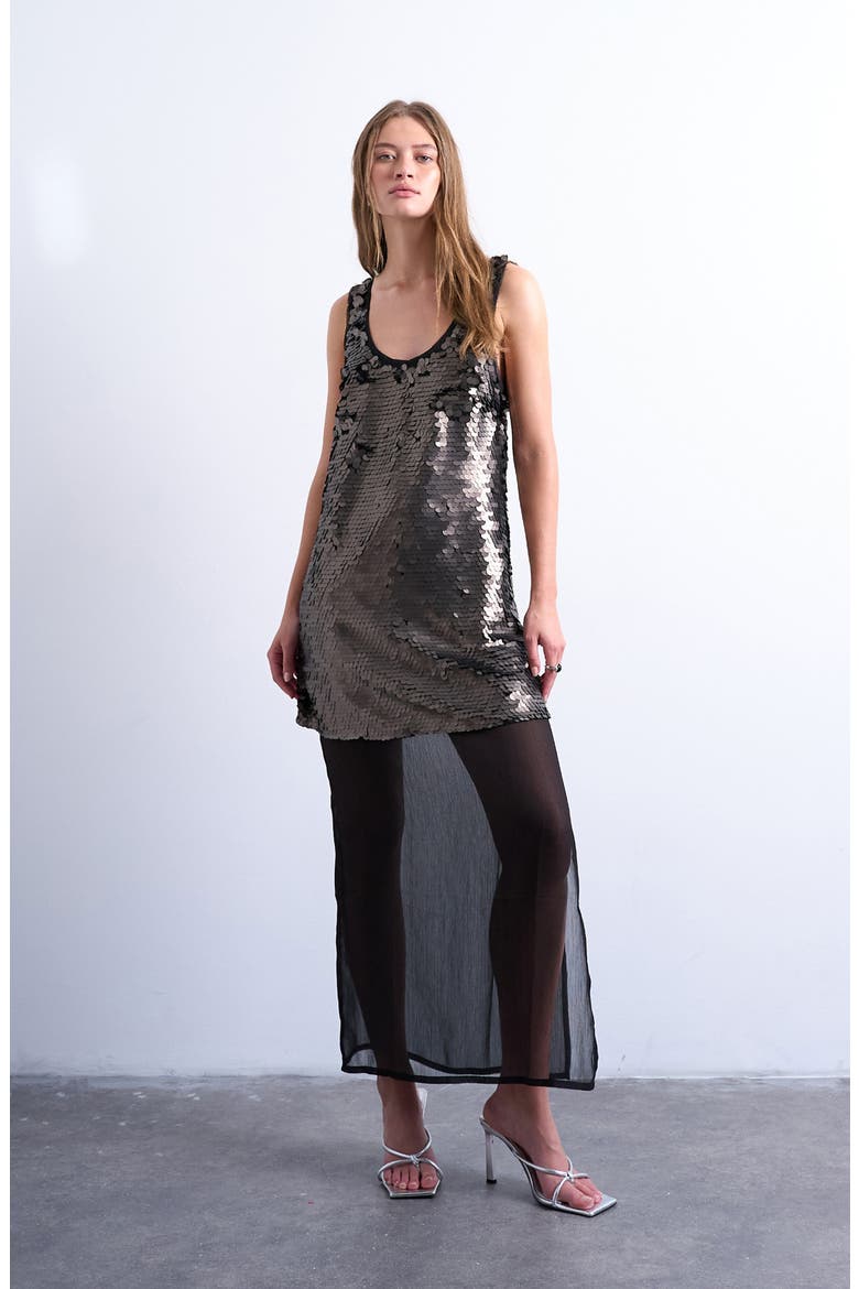 Sequin Sheer Hem Maxi Dress, Main, color, SILVER