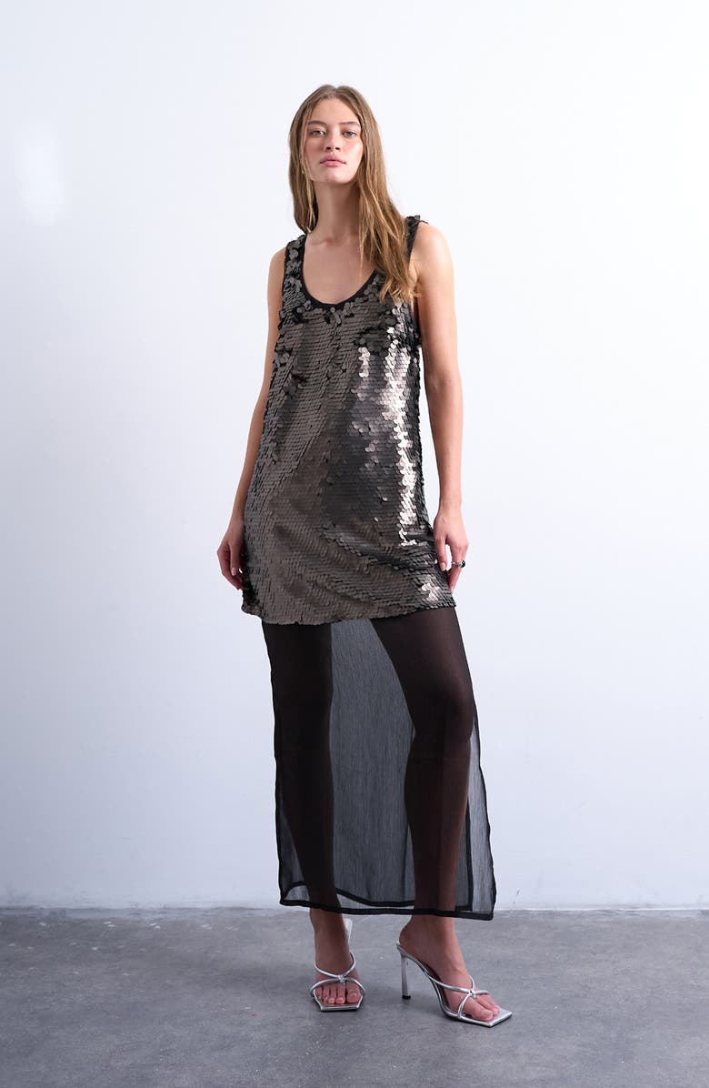 Topshop Sequin Sheer Hem Maxi Dress, Main, color, Silver