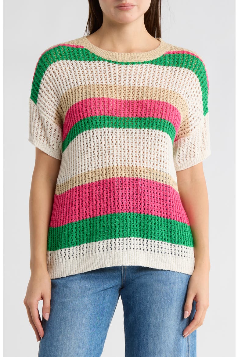 Multicolor Stripe Short Sleeve Sweater, Main, color, IVORY