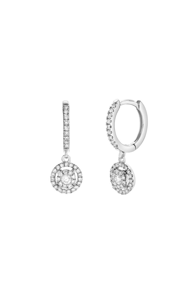 Camellia Pave Round Diamond Drop Huggie Hoop Earrings in 14K Gold, Main, color, 14K White Gold