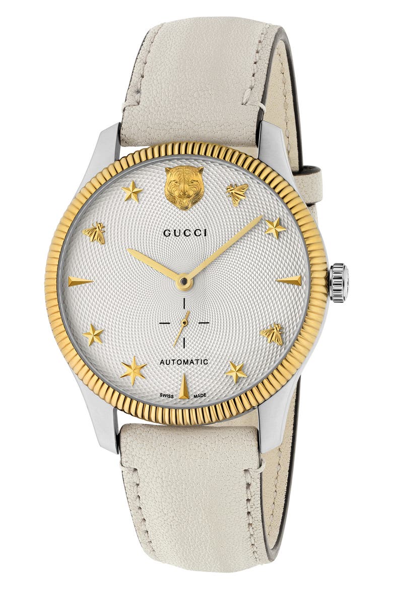 G-Timeless Leather Strap Watch, 40mm, Main, color, WHITE/ SILVER/ GOLD